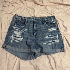 American Eagle Outfitters Distressed Rolled-Hem Denim Mom Shorts